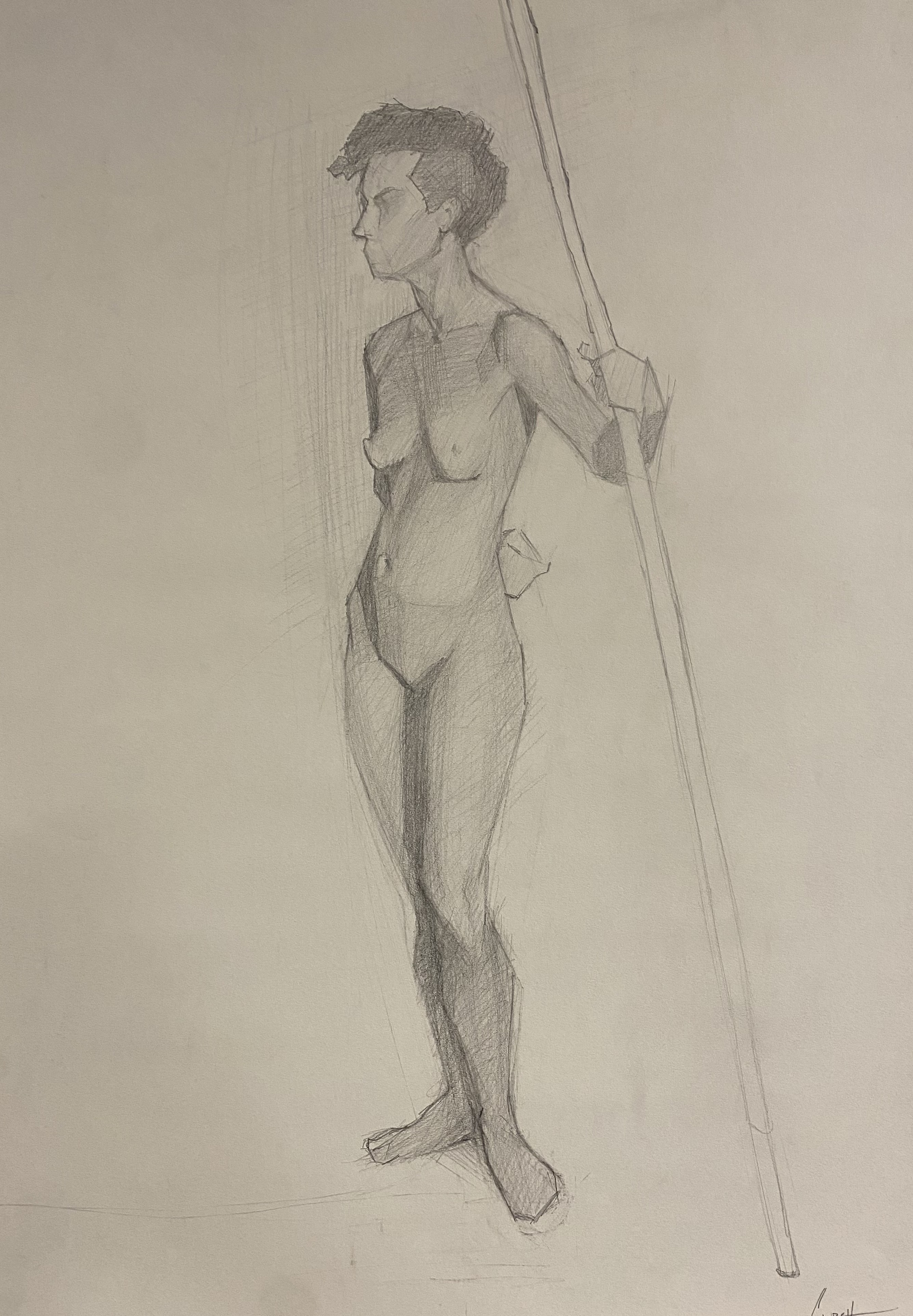 Contraposta with Staff &mdash; graphite figure drawing