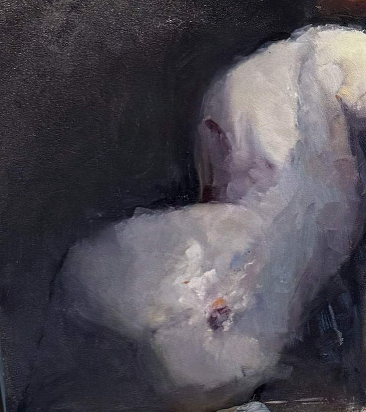 Forgotten — oil painting of a figure hunched forward, back turned