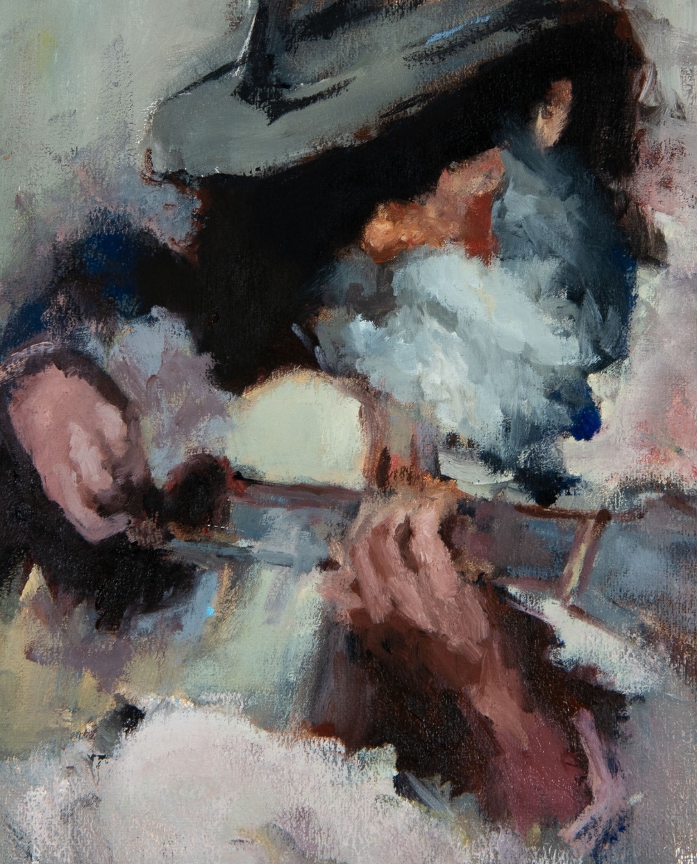 Let It Ride — dark, moody oil painting of a figure with a cello