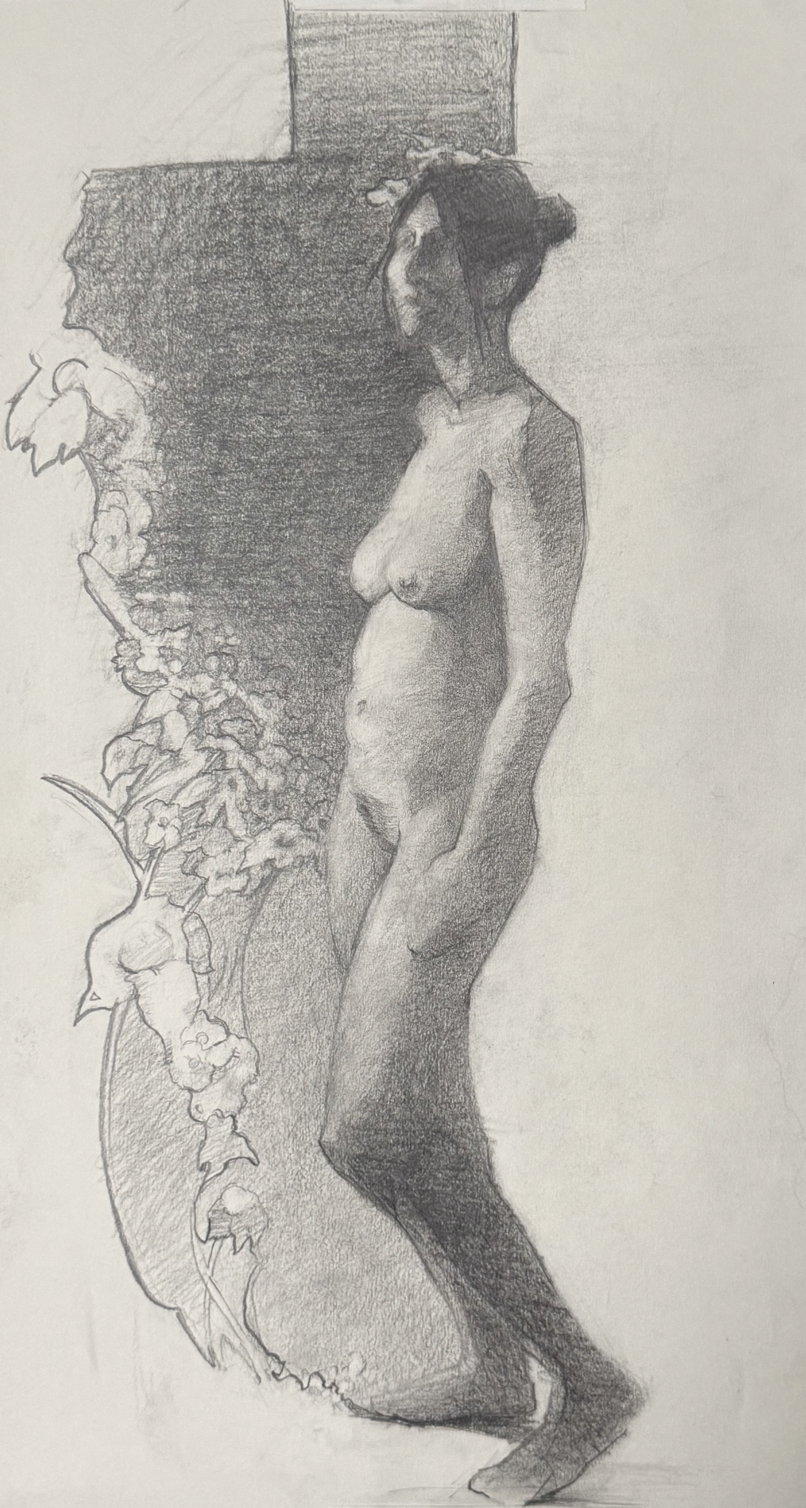 Long Pose &mdash; graphite figure with floral