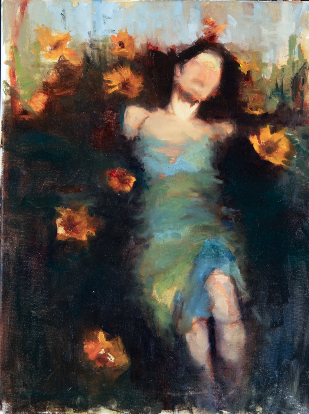 Ophelia-inspired painting on the easel — figure reclining among sunflowers, oil on canvas