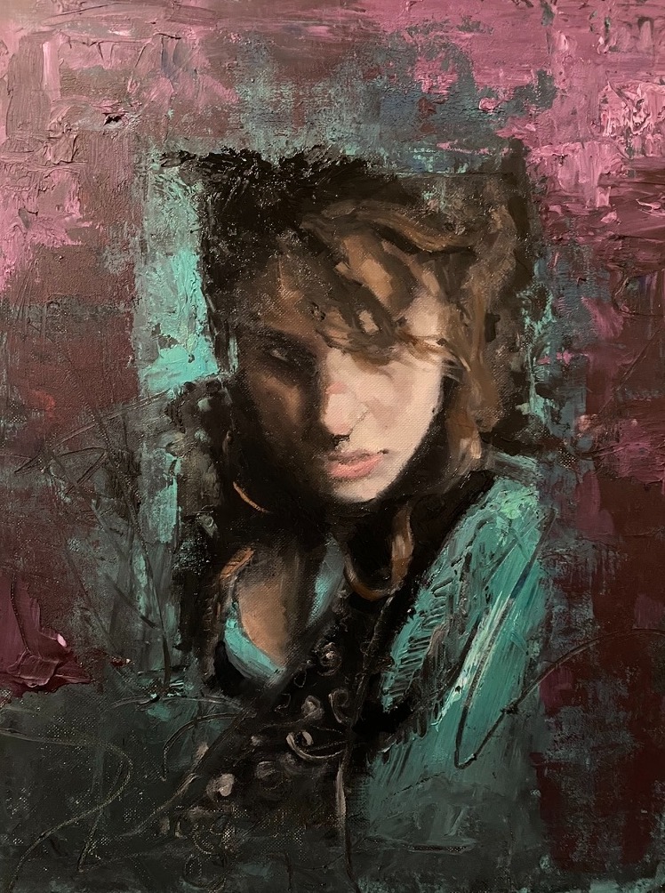 Veiled Intentions — oil portrait with magenta and teal ground